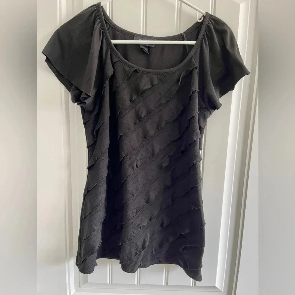 Ab Studio Black Flutter Sleeve Ruffle Front Top - image 1